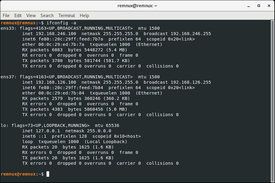 remnux vm ifconfig